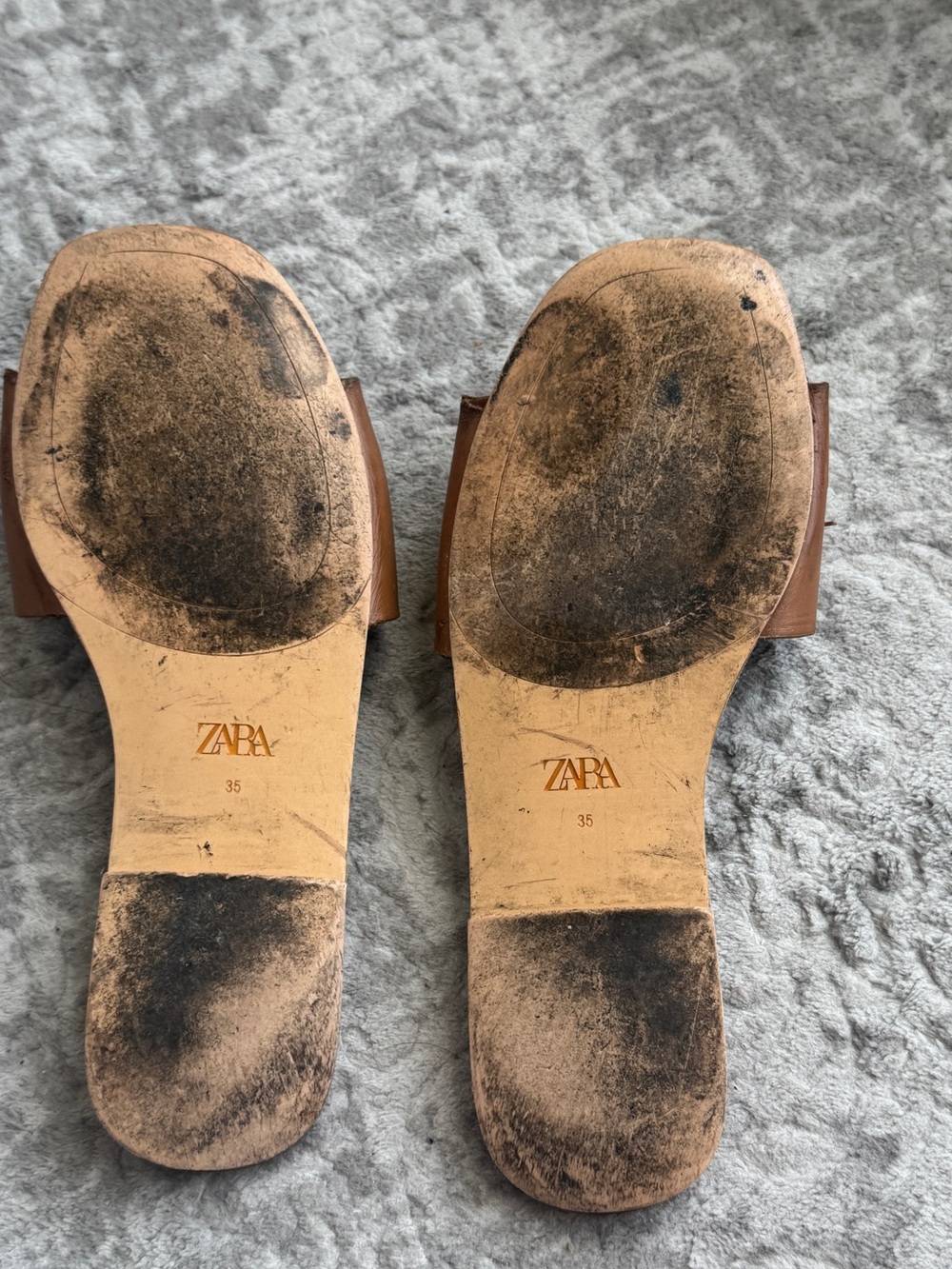 Zara Brown Pearl-Accented Leather Slide Sandals - Women Size 35 - Picture 2 of 3
